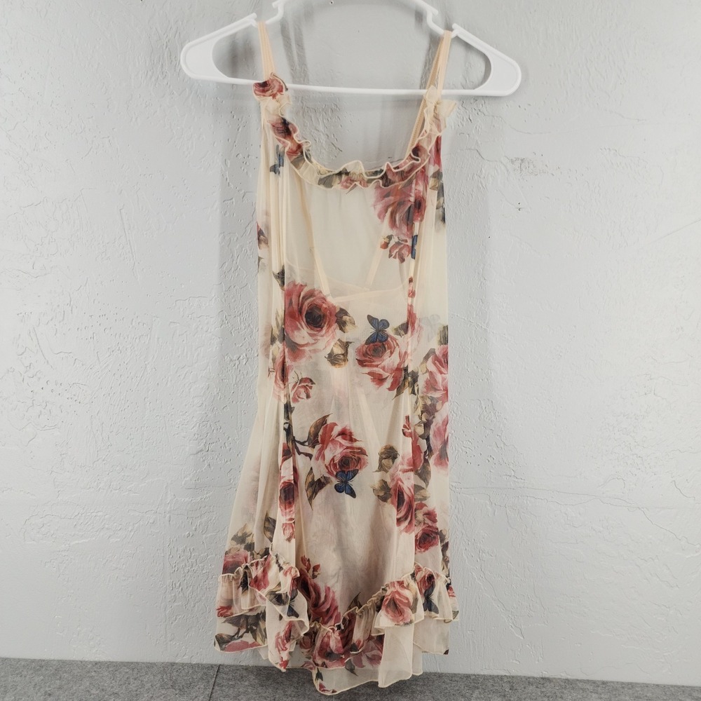 Large | Floral Butterfly Sheer Mesh Ruffle Chemise Slip Dress Beige Pink Strappy